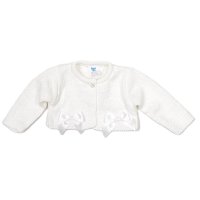 MC7104A- White: Baby Girls Knitted Bolero Cardigan With Bows (0-9 Months)